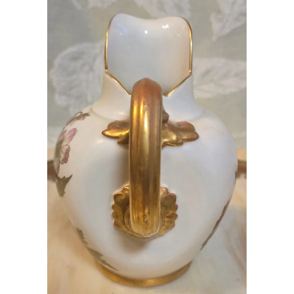 Royal Worcester Antique Floral Porcelain Pitcher Gold Gilt 1094 Dated 1891 5.5in